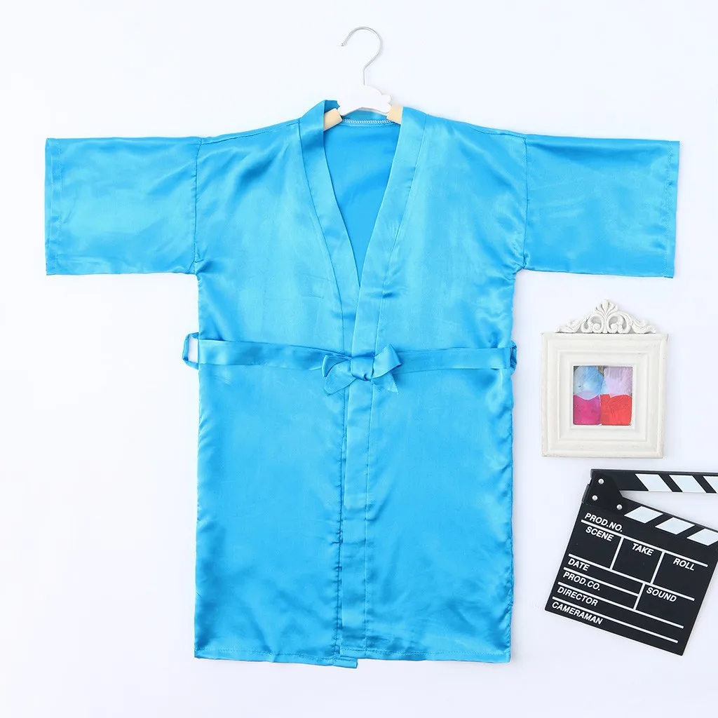 Toddler Baby Kids Girls Solid Silk Satin Kimono Robes Bathrobe Sleepwear Clothes 1PC Bathrobe+1PC Ribbons G1021