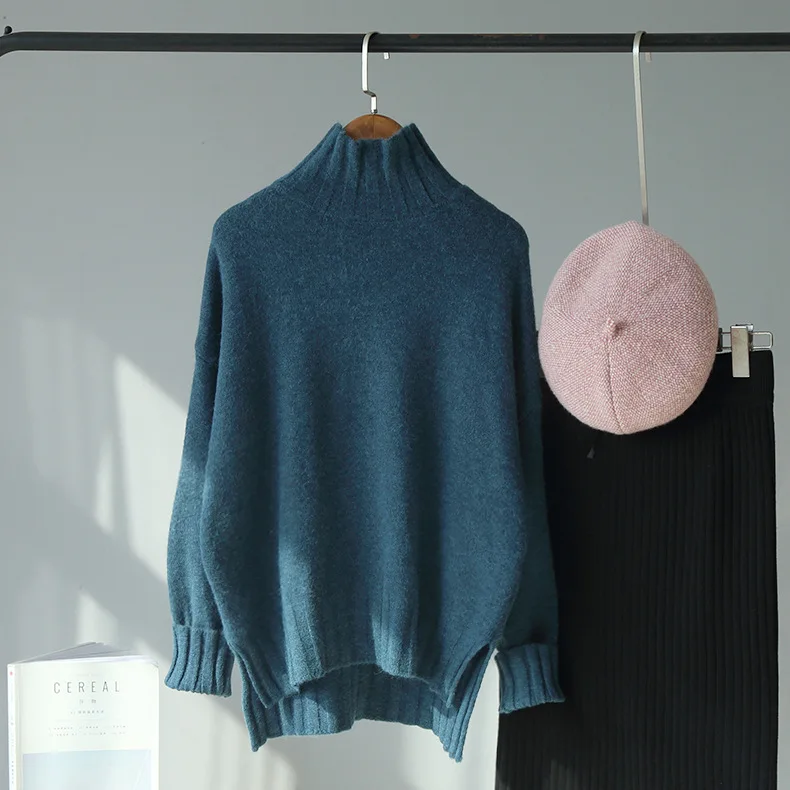 Осенне-зимний свитер с высоким воротом и разрезом сбоку, пуловер для женщин, теплые женские свободные повседневные толстые вязаные базовые свитера - Цвет: Синий