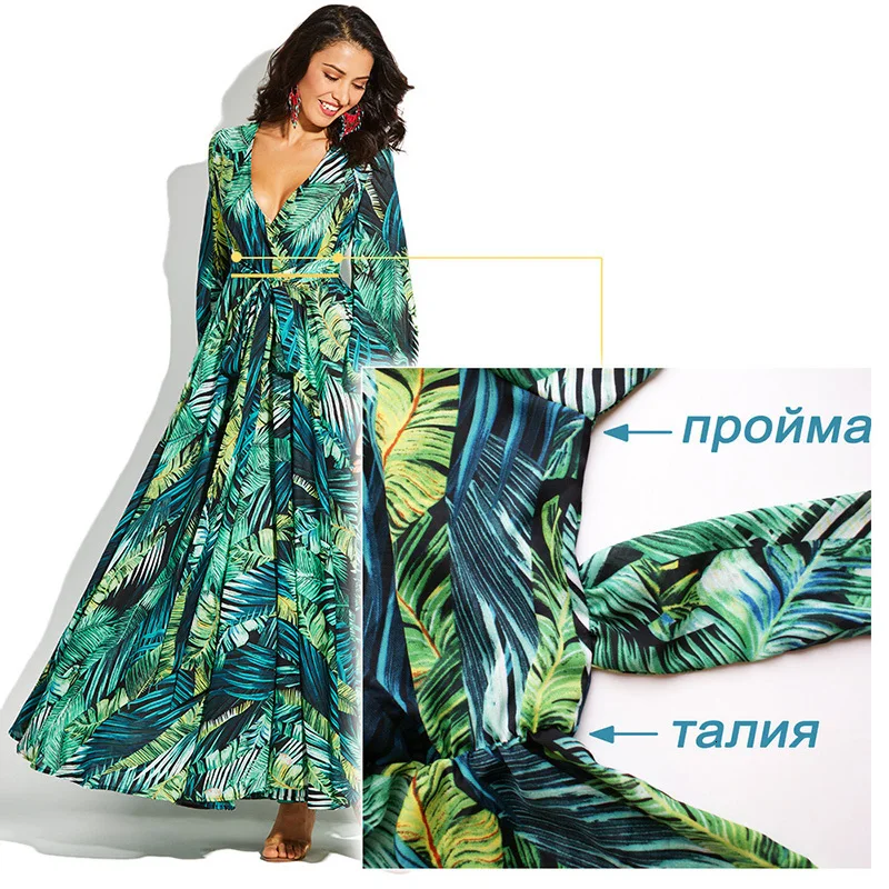 

Mouw Jurk Green Tropical Beach Vintage Maxi Jurken Boho Sexy V -neck Belt Lace Up Tunisia Shredded Elegant Print Dress LU557