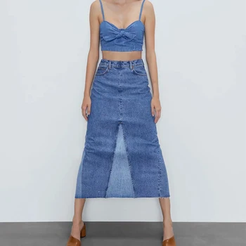 

2020 summer new women blue Denim skirt contrast High-waist elegant Vintage female skirt ropa mujer falda