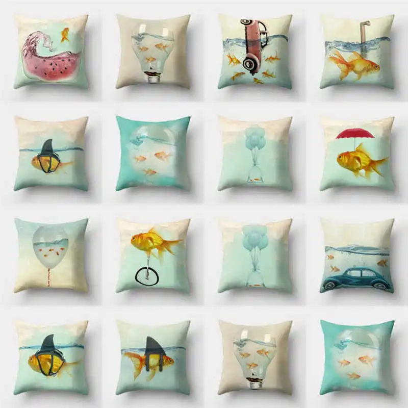 

Funny Goldfish Pattern Pillow Case Waist Decor Polyester Cushion 18'' Home Throw Sofa Cover