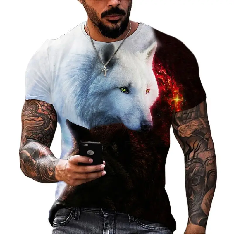 Fashion Couple Wolf Animal Print 3D Men's T-Shirt Summer Street  Short Sleeve Camiseta Round Neck T-Shirt Casual Tops Tees 6XL 1