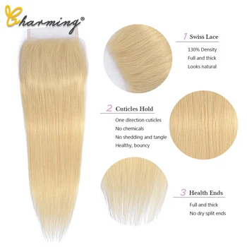 

CHARMING 613 Hair Closure Brazilian Human Hair Straight Blonde Color Remy Hair Lace Closure Free/Middle/Three Part Hair 4X4