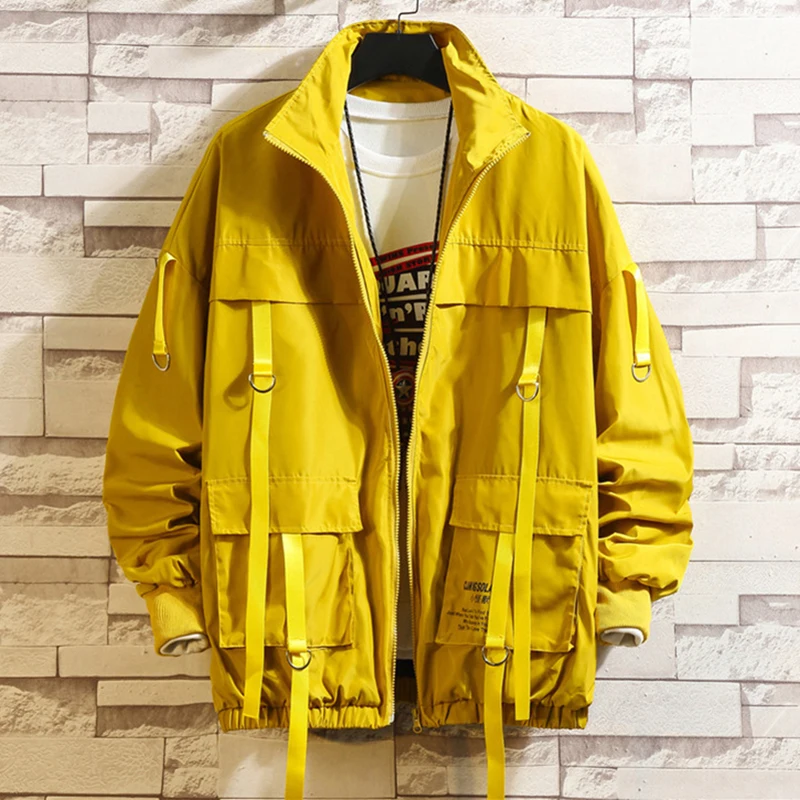 Мужская Уличная Хип-Хоп куртка-бомбер человек Harajuku карманы ветровка корейская модная одежда плюс размер - Цвет: Цвет: желтый