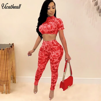 

Bandage Women Two Piece Set Summer Print Tracksuits Short T-Shirt Top And Pants Set Suits Casual Bodycon 2 Piece Set