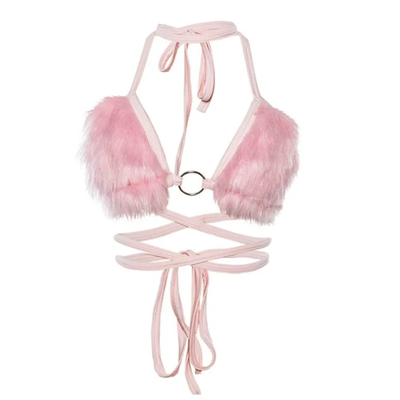 Sexy Women Fur Bras Pink Color Ladies Crop Top Ladies Underwear