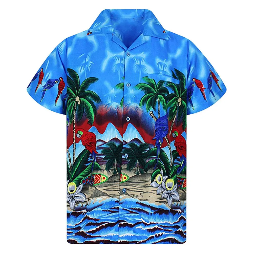 Мужская рубашка на пуговицах с гавайским принтом, с коротким рукавом, с передним карманом, быстросохнущая, новинка, мужская летняя рубашка с коротким рукавом и принтом - Цвет: Темно-синий