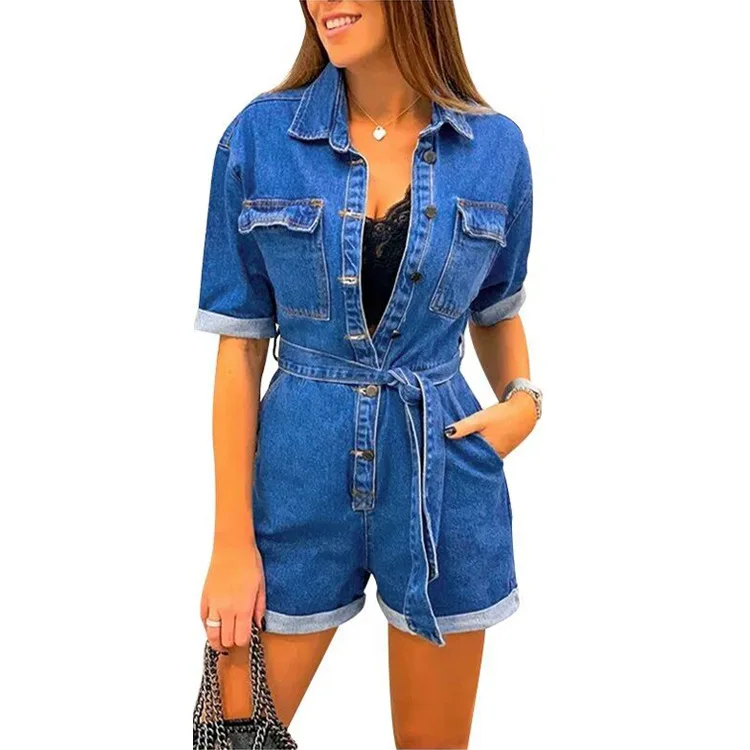 WEPBEL Denim Playsuits Fashion Women Lapel Short Sleeve Pocket Belt Denim Jumpsuit Ladies Button Jeans Romper Summer Overalls WEPBEL Denim Playsuits Fashion Women Lapel Short Sleeve Pocket Belt Denim Jumpsuit Ladies Button Jeans Romper Summer Overalls