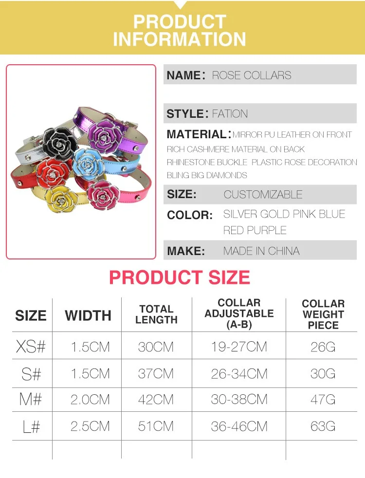 Graceful pet dog cat rose collar adjustable PU belt with rhinestone 6 color pet supplies WB753