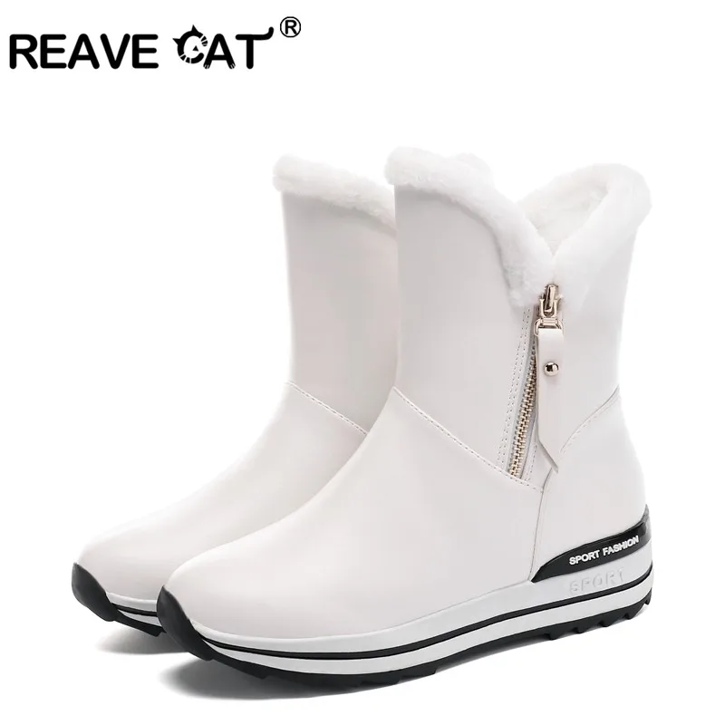 Женские сапоги на танкетке REAVE CAT зимние теплые плюшевые розового цвета молнии