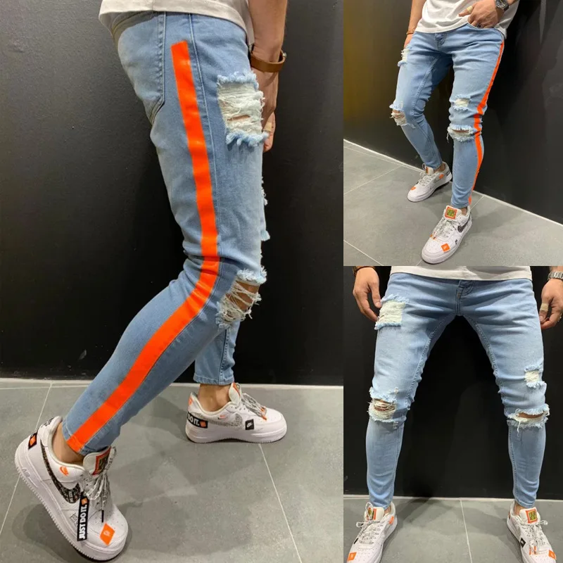 Promotion Men Stretchy Ripped Skinny Biker Side Striped Print Jeans Destroyed Hole Taped Slim Fit Denim Scratched High Quality Jean