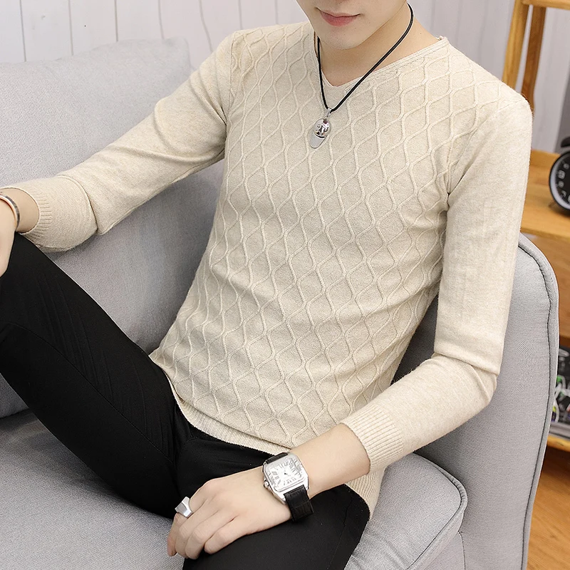 2019 spring and autumn uomo sweater Korean men's V-neck slim head long-sleeved Plaid thin section Chinese Style Beige Gray