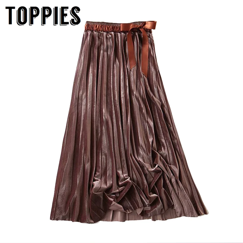 Велюровые плиссированные юбки женские с высокой талией зимние длинные юбки с бантом элегантные женские faldas уличная одежда