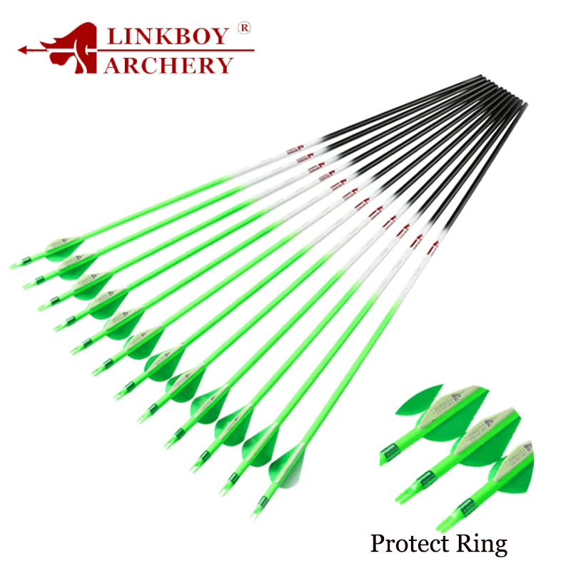 12pcs Linkboy Archery Carbon Arrows Green Spine300-600 2 Plastic Arrow Vanes ID6.2mm Protect Ring Nock for Hunting Shooting
