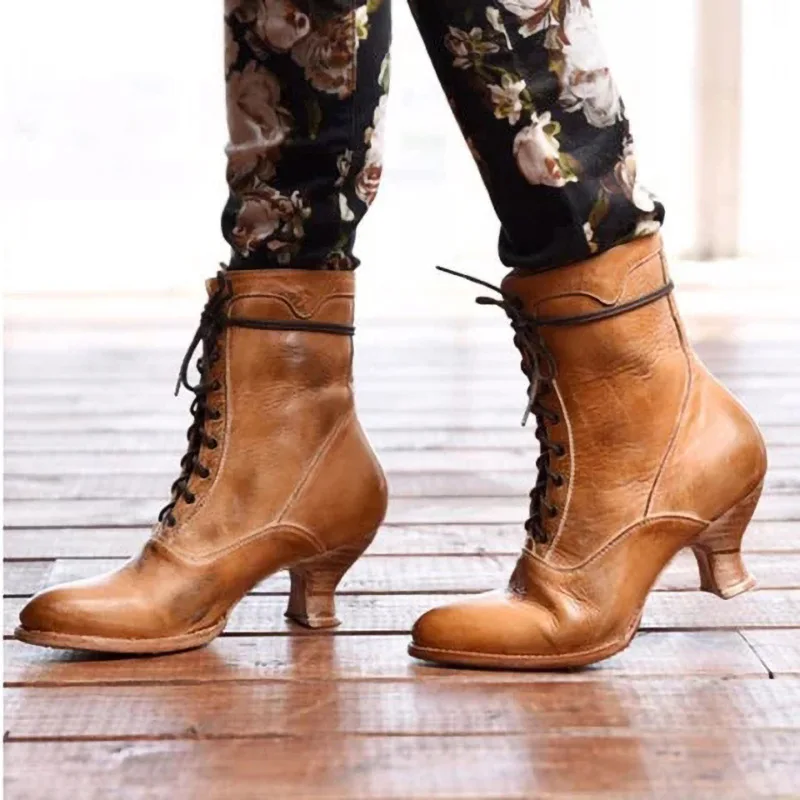 

Women ankle Boots Big Size med mid heels lace up Boots Booties gladiator vintage PU leather round toe Shoe HP2557 botas mujer