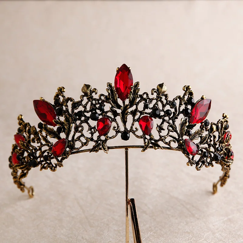 Барокко бронзовая Роскошная красная тиара с кристаллами для невесты корона винтажная черная горный хрусталь пышная диадема вуаль Тиара Свадебные аксессуары для волос