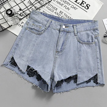 

Women Jeans High Waist Summer Fashion Lace Border Plus Size Loose Femme Wide Leg Denim Shorts 4XL