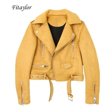 Fitaylor мотоциклетная кожаная куртка женская замшевая куртка из искусственной кожи желтая черная розовая зеленая верхняя одежда в стиле панк байкерская куртка-бомбер