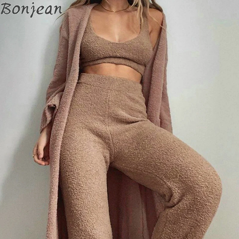 

BONJEAN 2 Piece Women Sets Plush Crop Tops Leggings Two Piece Casual Tank Tops Sweatpants Gym Sports Workout Suits Matching Set