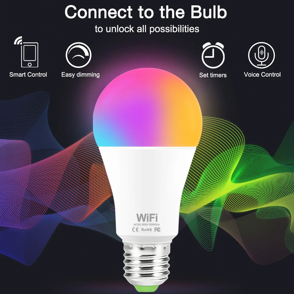 15 Вт WiFi многоцветный светодиодный светильник E27/B22 AC85 265V с регулируемой яркостью