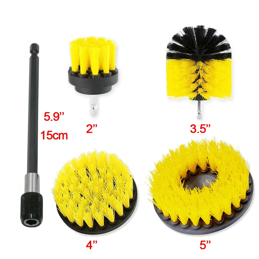 4pcs Power Scrubber Drill Brush+ 1pc 15cm Extension Tube Car Wheel Brushes for Rims Washing Bathroom Tub Shower Cleaning