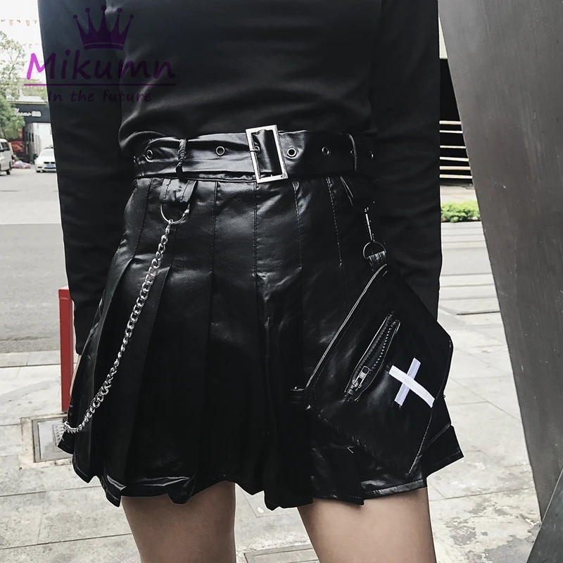 Харадзюку Готический Черный Крест вышитые шорты юбки Панк Высокая талия цепь карман модная плиссированная юбка короткие юбки для девочек