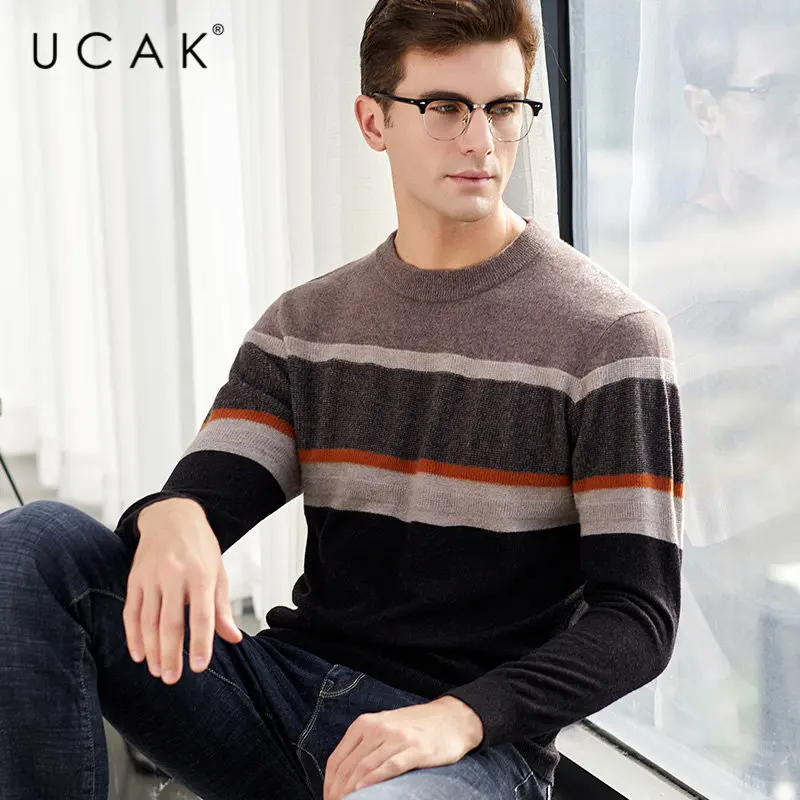 UCAK Brand Merino Wool Sweater Men Fashion Casual Big Striped O-Neck Pull Homme Autumn Winter Thick Cashmere Pullover Men U3042