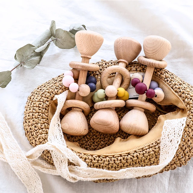 1pc Baby Wooden Rattle Toys Beech Mobile Music Rattle Silicone Beads Wooden Gym Stroller Baby Toys Newborn Educational Pram Toys 1