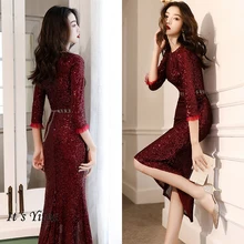 Это Yiiya платье для выпускного вечера русалка o-образным вырезом бордовые вечерние платья для женщин K032 размера плюс Vestidos De Gala платья для выпускного вечера со стразами
