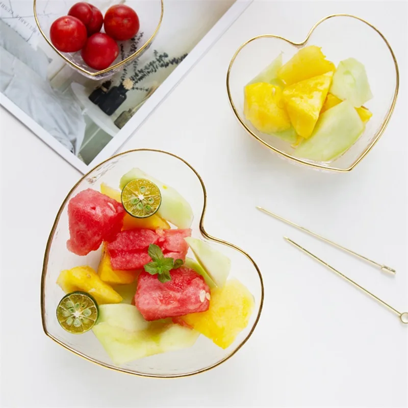 Креативная стеклянная миска, фруктовая Салатница, миска для лапши, Хрустальная, в форме сердца, золотой край, стеклянная миска для супа, украшение, посуда для завтрака