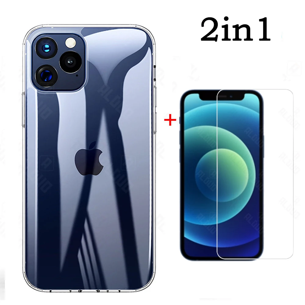 Прозрачный чехол 2 в 1 для iPhone 12 Pro max SE 2020 стеклянная Защита экрана iphone 7 8 plus 6s Xs XR 11