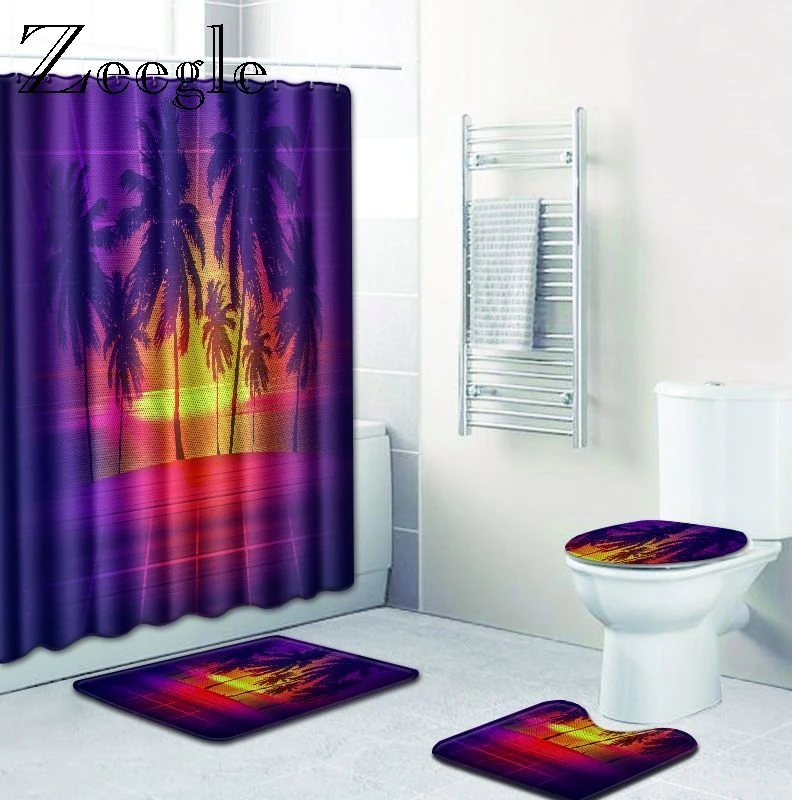 Zeegle Printed 4Pcs Non Slip Bathroom Rug Set Waterproof Shower Curtain with Hooks Modern Bath Mat Pedestal Rug Lid Toilet Cover