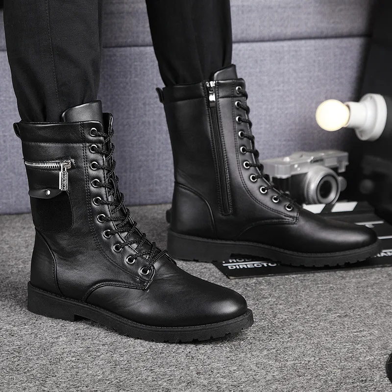 

Fashion Leisure Men Chelsea Boots Solid Low Zipper Vintage Motorcycle Boots MidCalf Round Toe Elastic Winter British Style Shoes