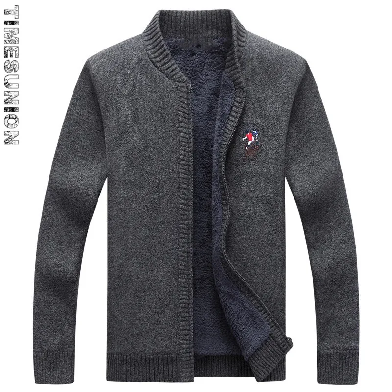 Сохраняющий тепло свитер мужской зимний теплый толстый бархатный свитер на молнии Повседневный Кардиган 3D вышивка мужские свитера узор трикотаж - Цвет: Темно-серый
