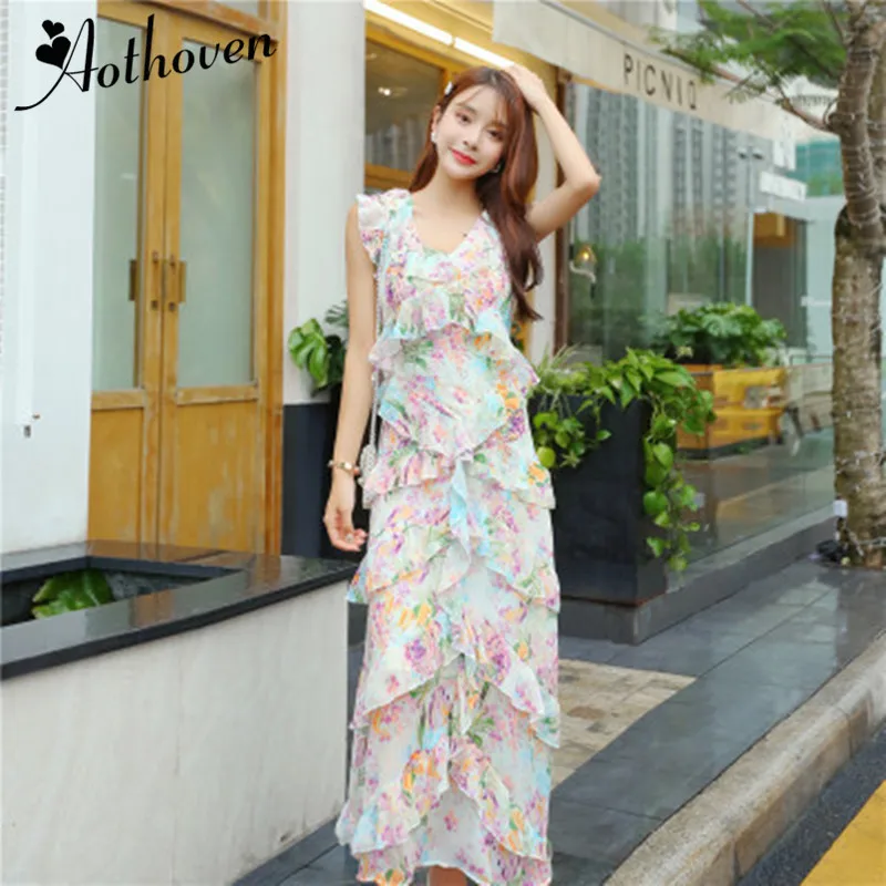 

High-end Elegant Evening Party Dress Women Sleeveless V Neck Ladies Dresses Autumn Cascading Ruffle Print Chiffon Dress Vestidos