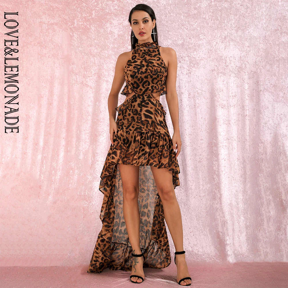 LOVE&LEMONADE, сексуальное шифоновое платье со стоячим воротником и открытой спиной, с вырезами, с леопардовым принтом, LM81853