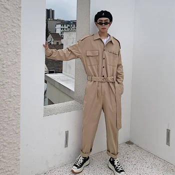 

Japan Vintage Khaki Cargo Jumpsuits Men Long Sleeve Belt Loose Streetwear Hip Hop Harem Overalls One Piece Trouser Spring Autumn