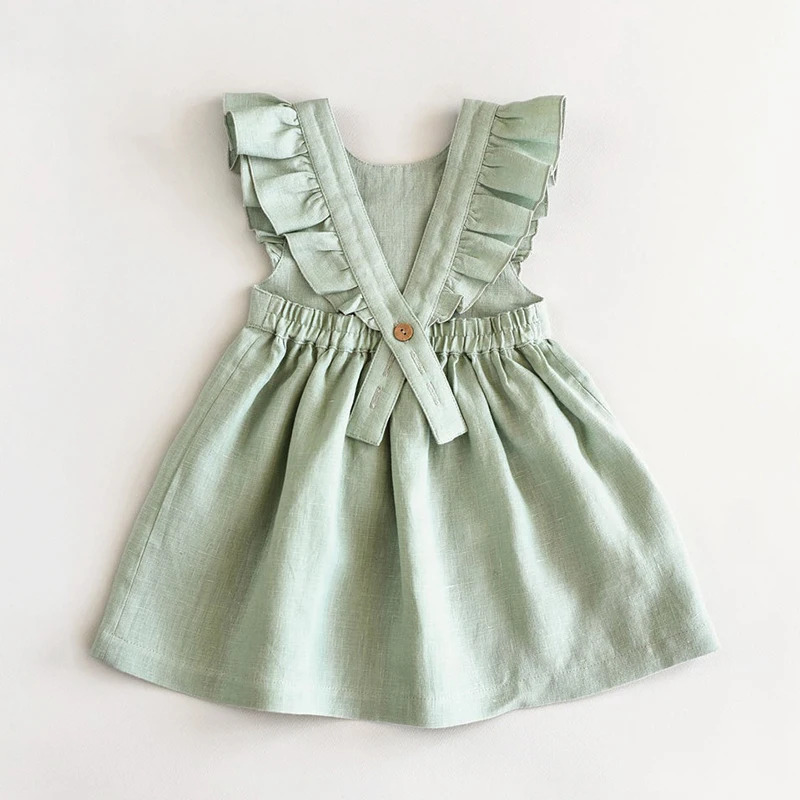 Summer Fresh And Cute Cotton And Linen Princess Dresses Girl Solid Color Ruffled Sleeveless Dress TZ47 girls dress princess costume kids clothes