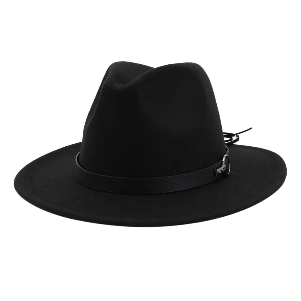 Unisex Wide Brim Panama Wool Felt Jazz Fedora Hats Belt Buckle Decor Women Trilby Cowboy Cap Sunhat#YL5