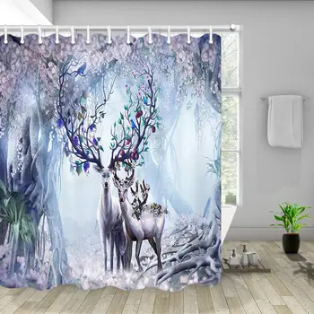 

Deer Shower Curtain, Elk with Antlers Flowers Bird Fruit on Mystic Romantic Cherry Blossoms Flowers Tree on Forest Fairy Tales