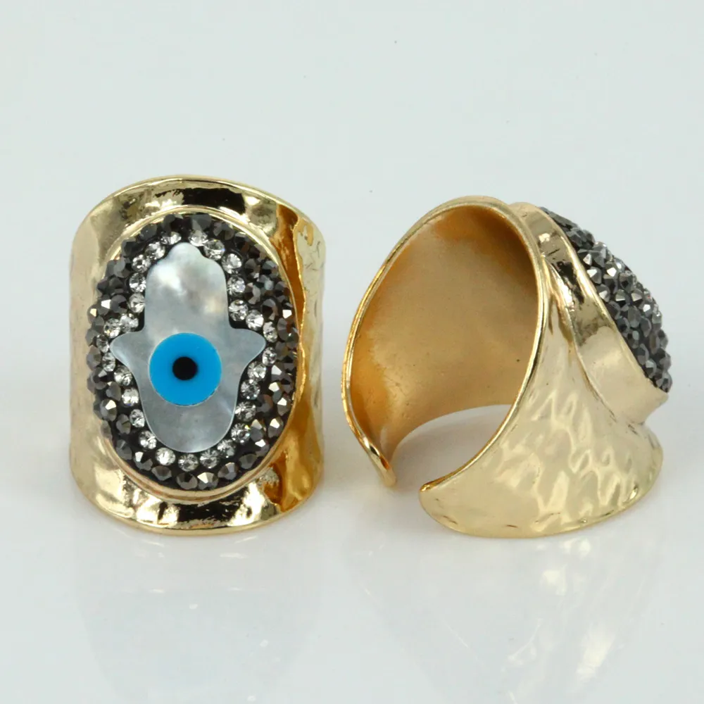 

pave rhinestone blue eye evil eye hamsa fatima hand shell protection charm wrap open gold hammered resizable ring cuff for woman