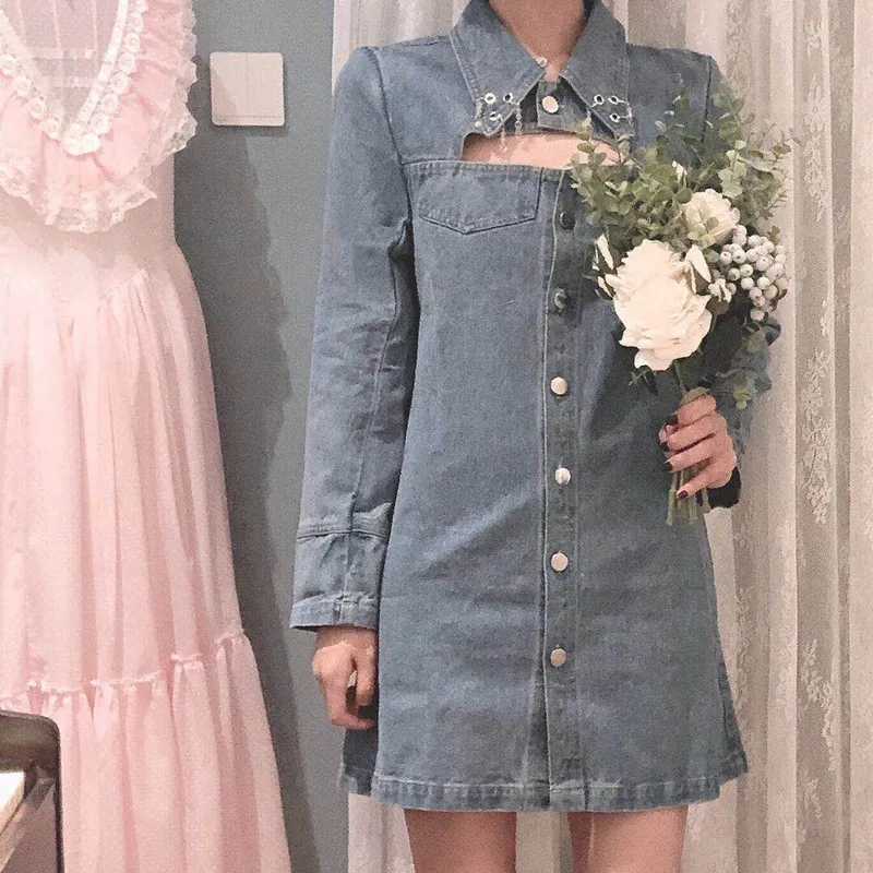 WHITNEY WANG осеннее модное уличная сексуальное открытое джинсовое платье женское шикарное джинсовое платье