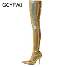 GCYFWJ/золотистые блестящие эластичные носки с блестками; высокие сапоги; женские пикантные вечерние туфли на высоком каблуке-шпильке с острым носком; женские высокие сапоги до бедра