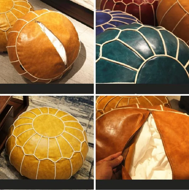 55cm Moroccan PU Leather Pouf Cover Round Seat Unstuffed Ottoman Footstool Cushion Home Carpet Tatami Craft Floor Futon Mat