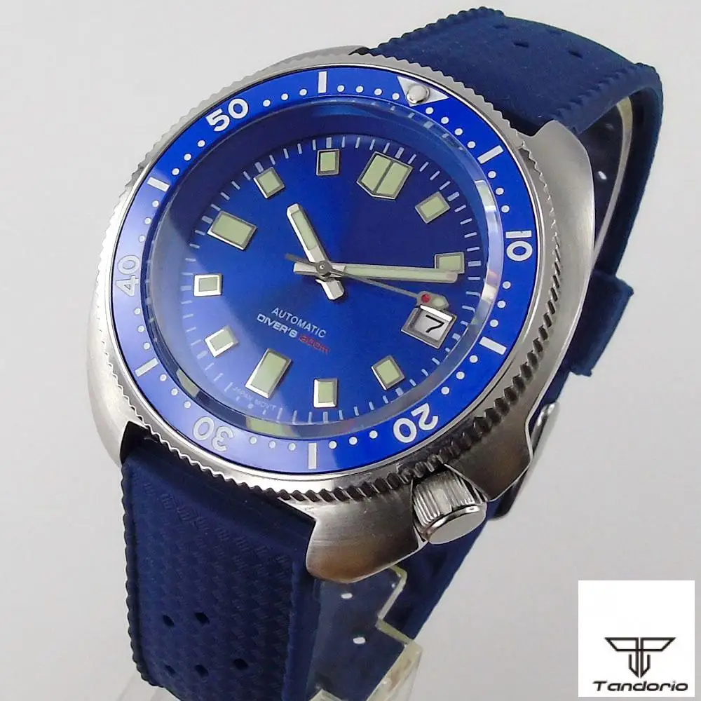 

Tandorio 44mm Diving Men's Watch NH35A Luminous Blue Dial Sapphire Crystal 200M Waterproof Rubber Strap Date Rotating Bezel