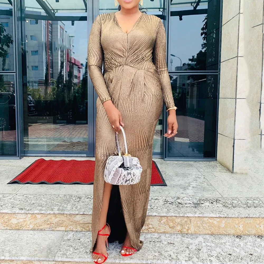 

Sexy V-Neck Women Party Long Dress African Plus Size Formal Evening Dress Front Split Long Sleeve vestidos Elegant Prom Dress