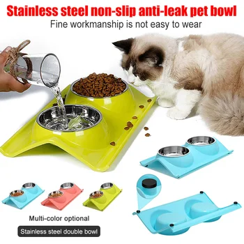 

Double Dog Cats Bowls Stainless Steel Pet Bowls No-Spill Food Water Feeder Cats Small Dogs _WK