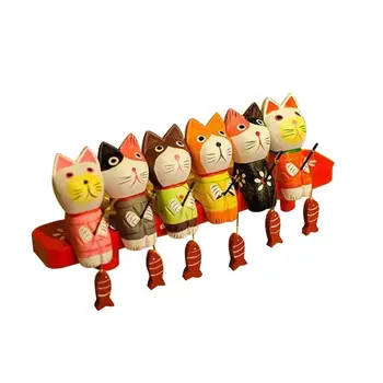 

6 Pcs Europe Style Cute Fishing Cat Wooden Animal Ornaments Painted Figurine Home Decoration Accessories Birthday Gifts Set