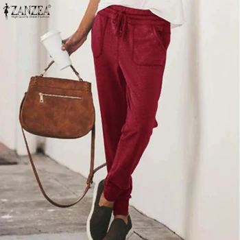

Casual Pencil Pants Women's Spring Trousers 2020 ZANZEA Fashion Solid Long Pantalon Female Drawstring Elastic Waist Turnip S-5XL