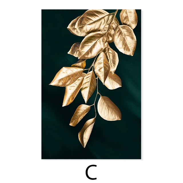 Modern Golden Leaf Plants Dark Green Background Canvas Painting Prints Wall  Art Poster Picture For Living Room Home Decorative - Painting & Calligraphy  - AliExpress